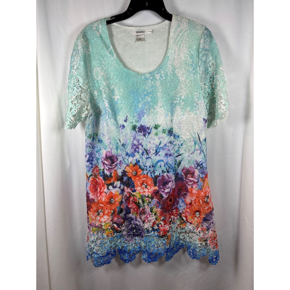 Feratelli Womens XL Floral Lace Trim Mint‎ Green Short Sleeve Scoop Neck Blouse